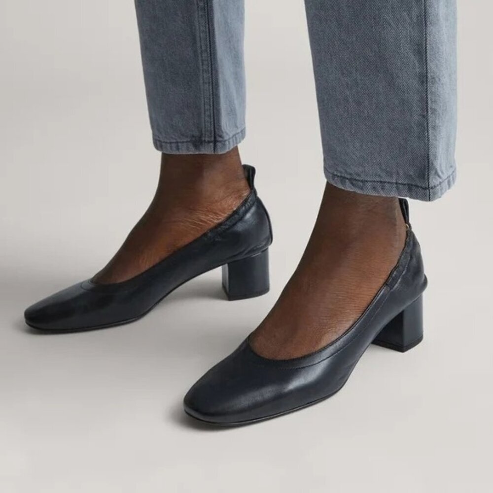 Everlane The Day Heels Black Leather Pumps Classic Block Heel Women's 11